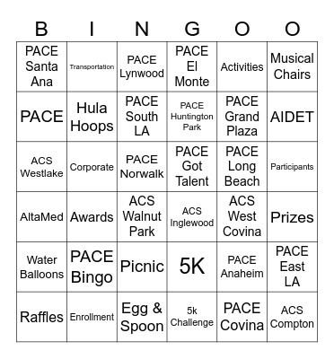 PACE 5K PICNIC BINGO Card
