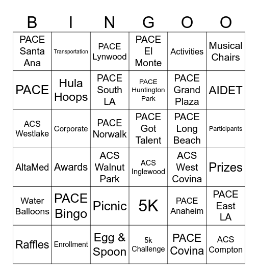 PACE 5K PICNIC BINGO Card
