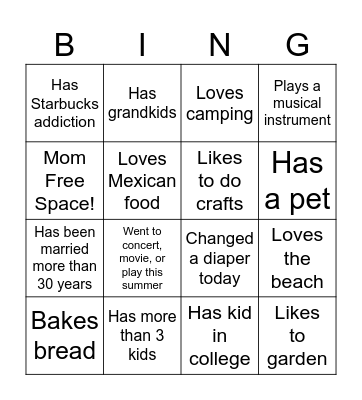 Mom Bingo Card