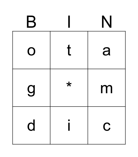 KDG Unit 3 letters Bingo Card