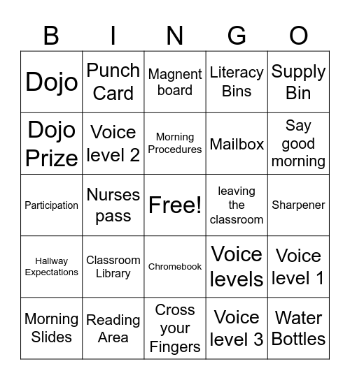 Back to School Bingo Card