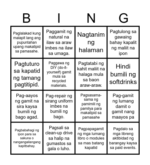 Eco-Bingo Game Bingo Card