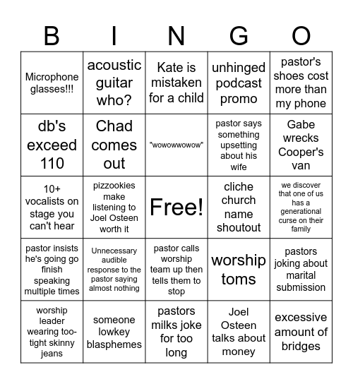 Team Church Bingo Card