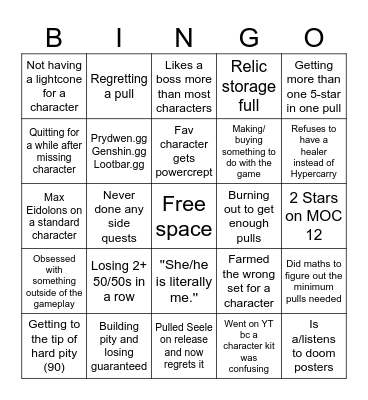 Honkai star rail Player bingo Card