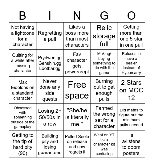 Honkai star rail Player bingo Card