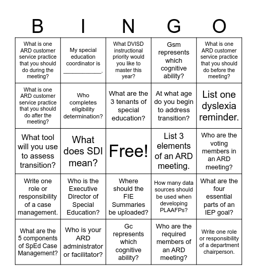 Special Education BINGO Card