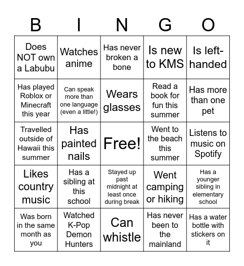 Find a classmate who... Bingo Card