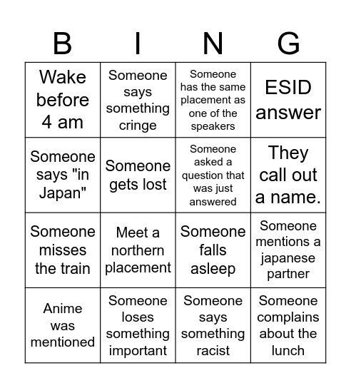 Orientation Day 2 Bingo Card