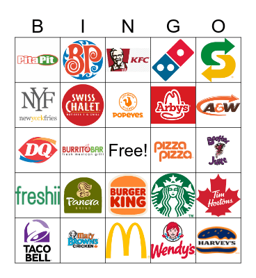 Canada Fast Food Restaurants Bingo Card
