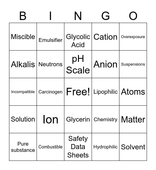 Chemistry and Chemical Safety Bingo Card