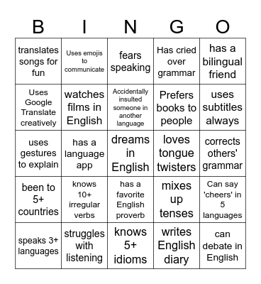 Learning Languages Bingo Card