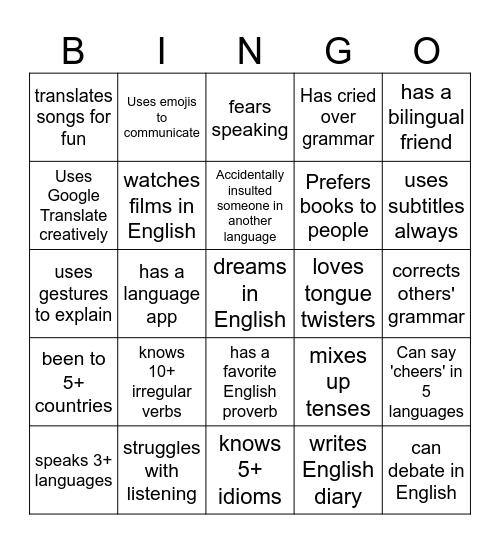 Learning Languages Bingo Card