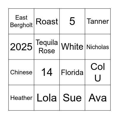 Tanner Bongo Bingo Card