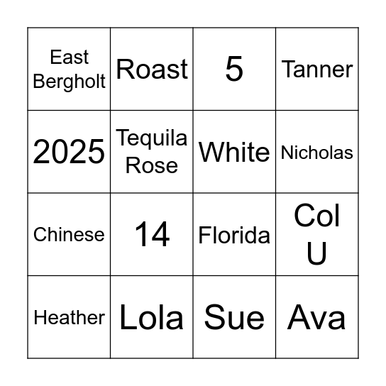 Tanner Bongo Bingo Card