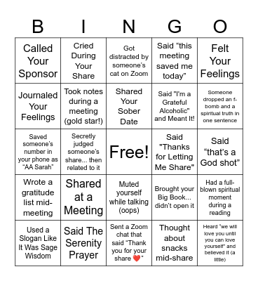 GLAAM Sobriety Bingo Card