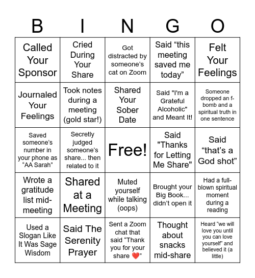 GLAAM Sobriety Bingo Card