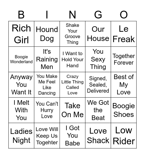 Music Singo #1 Bingo Card