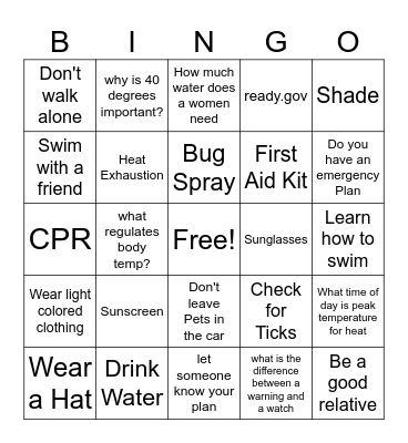 Summer Safety - A Bingo Card
