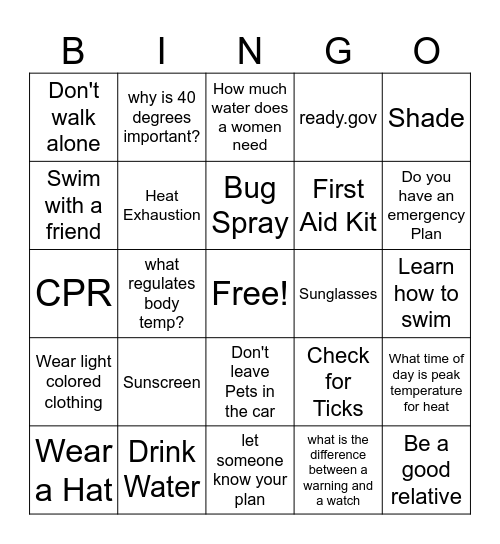 Summer Safety - A Bingo Card