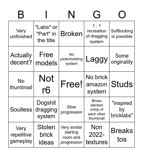 Bricklabs "Recreation" Bingo Card