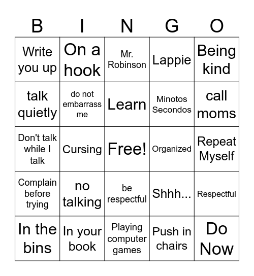 Classroom Rules Bingo Card