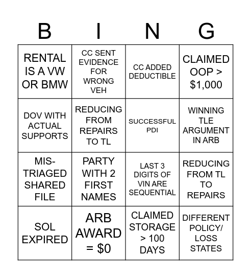 General Damages Bingo Card