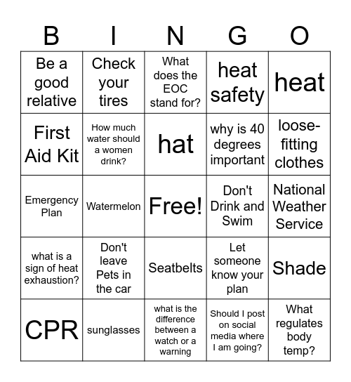 Summer Safety - 5 Bingo Card