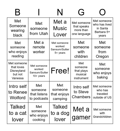 Mingle Bingo Card