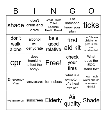Summer Safety - 10 Bingo Card