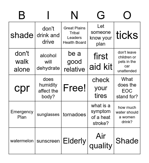 Summer Safety - 10 Bingo Card