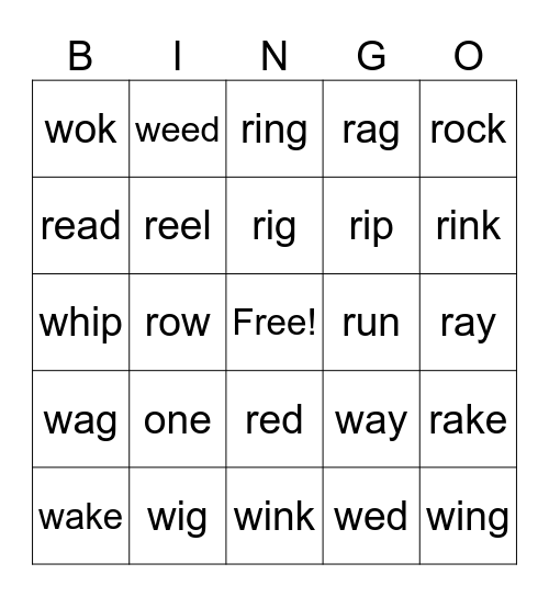 R W Word Bingo Card