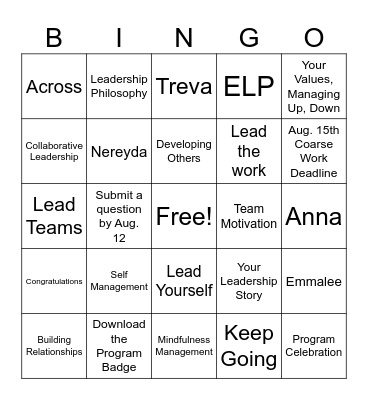 ELP Completion Bingo Card