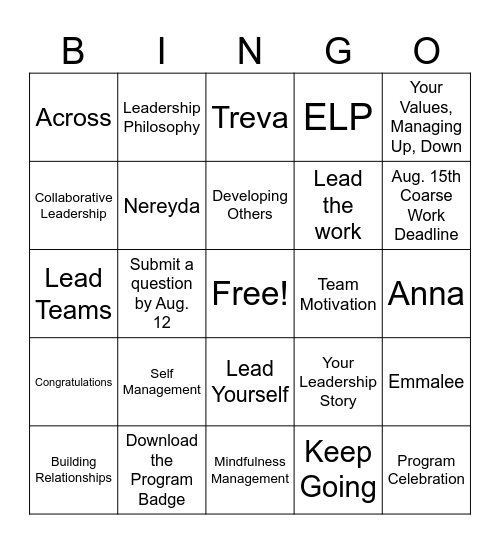ELP Completion Bingo Card