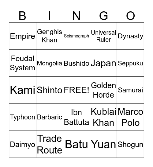 World History Chapter 3 East Asia Bingo Card