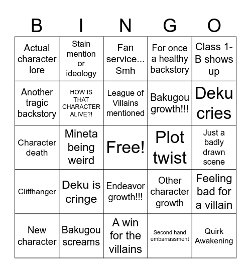 Mha Bingo Card