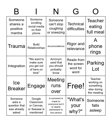 Teacher PD Bingo Card
