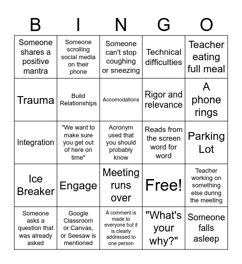 Teacher PD Bingo Card
