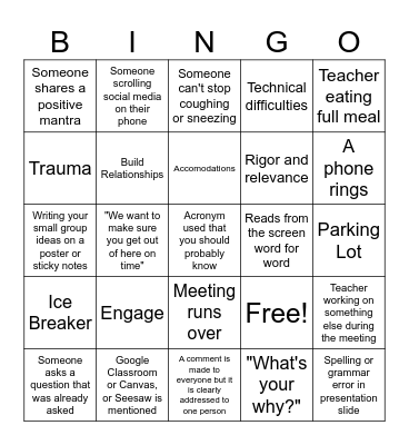 Teacher PD Bingo Card