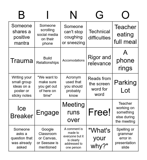 Teacher PD Bingo Card