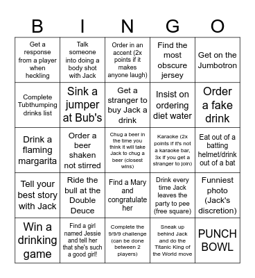 Jack's Bachelor Party Bingo Card