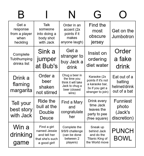 Jack's Bachelor Party Bingo Card