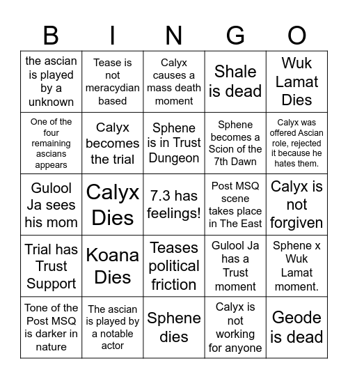 The VII.III MSQ Bingo (Spoilers) Bingo Card