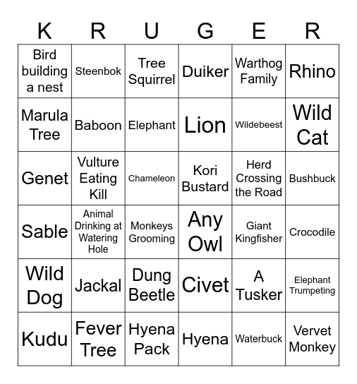 Kruger Bingo Card