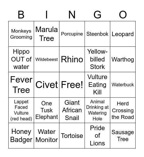 Kruger Bingo Card