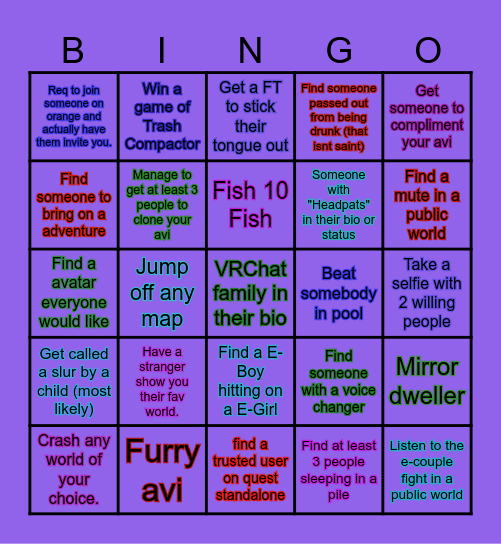 Vrchat BINGO! Bingo Card