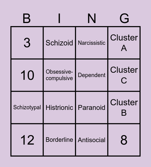 Personality Bing! Bingo Card