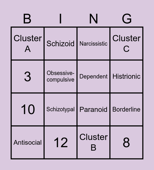 Personality Bing! Bingo Card