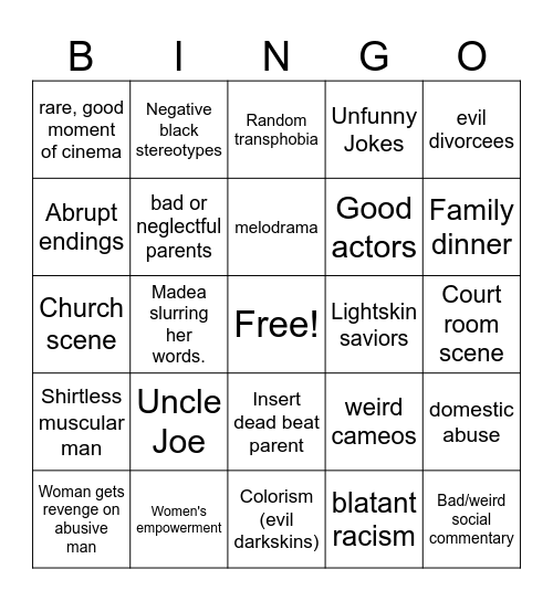 Tyler Perry Movie Bingo Card Bingo Card