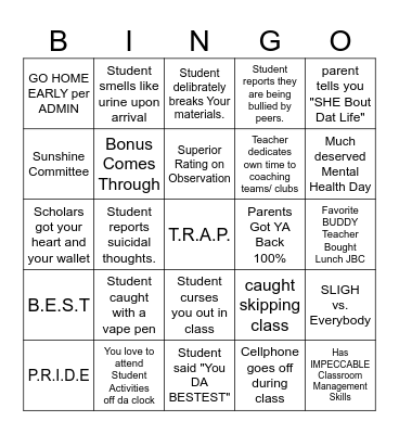 T.R.A.P. Educator BINGO Card