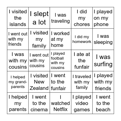 What did you do during the vacation? Bingo Card